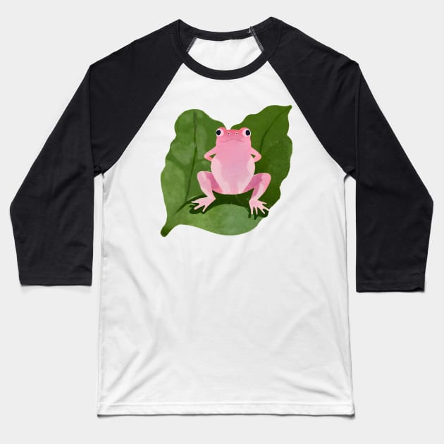 Pink frog in the middle of a green leaf Baseball T-Shirt by A tone for life